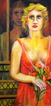 Socorro Lyra - Quadro óleo sobre tela dama com flores 30x60cm com moldura, artista pernambucana catalogada no anuario pernambucano de arte 2012 e 2014