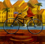 Adjacy - Quadro óleo sobre tela, andando de bicicleta  100x100cm, belíssimo trabalho deste artista que cada vez mais vem se superando nos seus trabalhos mais recentes