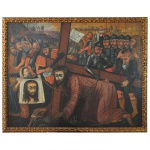 Escola Cusquenha - Raríssima pintura representando Cristo carregando a Cruz, Santa Madalena e soldados. Óleo sobre tela.Peru, Séc. XVIII. 134 x 177 cm.