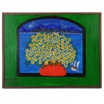 Lia Mittarakis (1934-1998), Vasode Flores. Pintora de arte naifbrasileira. Óleo sobre madeira.Assinado, cie, datado e situadoPaquetá 1989. 54 x 72 cm.