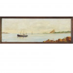 Émile Rouéde (1848-1908),Paisagem com barco. Pintor, jornalista,teatrólogo e escritor. Óleo sobre madeira. Assinado, cid. 11 x 31 cm.