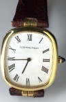 Lady Vintage - Relógio Audemars Piguet Feminino, caixa de ouro 18k de 2,3 X 3,0 mm, formato elíptico, mecanismo a corda e mostrador original, em perfeito estado de conservação e funcionamento, coroa com safira, década 70, pulseira de crocodilo