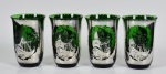 Lote composto por 04 copos pata água de cristal europeu na cor verde, revestido por prata com elementos decorativos na forma de Nau.  Med. 12,5 cm de altura. No estado.