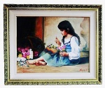 SAMPAIO - "Menina com Flores" Óleo sobre tela, assinado e com belíssima moldura. Medida 48x64 cm e com moldura 70x85cm.