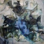 PAULA GUALBERTO - Figuras abstratas, óleo sobre tela, sem moldura, Medida 75,5x75,5cm.