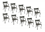 Conjunto de dez cadeiras em ferro fundido com acabamento galvanizado e esmaltado. Século XX. 80 x 50 x 50 cm. O lote deverá ser retirado no apto do consignante (Tatuapé, SP)  com a orientação da organização do leilão.