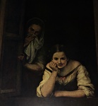 Antiga reprodução "A girl and her duenna" - Murillo 1642. Moldura em madeira  na cor preto fosco, envidraçado. Perfeito estado de conservação. Dimensões: Total 42,5 cm x 37,5 cm / Imagem 26,5 cm x 22 cm.