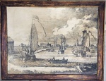 Grandioso quadro em madeira com litografia " Baía com embarcações" , emoldurado com detalhes em Ouro envelhecido.  Dimensões: 95 cm x 115 cm.