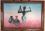 Quadro pintura, Óleo sobre tela, com imagem de figura feminina Africana e vasos de cerâmica. Acid. Tandi. Dimensões: 70 cm x 100 cm.