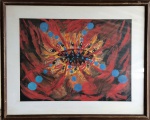 Dagmar 82, pintura em guaché, abstrato nas cores vermelho, azul  e amarelo. Moldura em madeira e vidro. Dimensões: 80 cm x 95 cm.