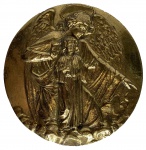 LINDISSIMA  PLACA CIRCULAR DE BRONZE , REPRESDENTANDO MENINO JESUS E O ANJO DA GUARDA, MEDINDO 19 CM DIAM.