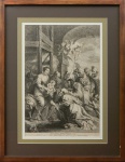 Serigrafia reproduzindo a Adoração dos Reis Magos, P P Rubens pinxit e H. Witouc Sculp 1678, medindo 47 x 32 cm sem moldura e 68 x 52 cm com moldura.