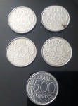 Cinco moedas de 500 Cruzeiros de 1993 e uma 1992 -tartaruga