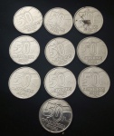 Dez moedas de cinquenta cruzeiros anos 1991 e 1992.