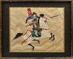 COLECIONISMO - Antiga pintura japonesa sobre tecido assinada no canto inferior esquerdo representando "guerreiro samurai". Med.: 35x41 cm.