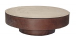 Curiosa mesa de centro art decô circular, em madeira foleada com tampo em mármore na cor branca. med.: 37 x 1,20 cm. Obs.: Mármore apresenta alguns quebrados na borda.