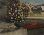 SYLVIO PINTO - "Vaso de Flores e Paisagem ao fundo", O.S.T., assinado no canto inferior direito. Med.: 80 x 100 cm.