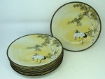 5 pratos em porcelana oriental com decoração de garças, marca ao fundo, 15 cm