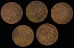Lote composto por 5 moedas de 2 Cruzeiros cunhadas em 1945