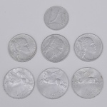 Lote composto por 7 moedas Italianas, sendo:uma moeda de 10 Liras cunhada em 1949, duas moedas de 10 Liras cunhadas em 1950, uma moeda de 10 Liras cunhada em 1951, uma moeda de 5 Liras cunhada em 1948, uma moeda de 5 Liras cunhada em 1949 e uma moeda de 5 Liras cunhada em 1950.