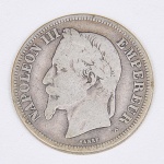 Lote composto por uma moeda do Império Francês, Imperador Napoleão III, cunhada em 1869.
