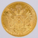 Lote composto por moeda Austríaca de 4 Ducados em ouro 0.986 datada de 1915, com 13.96  gramas e  4 cm de diâmetro, Excelente estado de conservação.