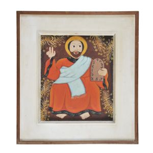 CARLITOS DE SOUZA - `Moisés e os x mandamentos` - Óleo sobre tela assinado no c.i.d e no verso. Med.: 41 x 33 (tela). Med.: 59 x 52 cm (c/ moldura)