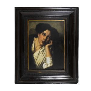 NÃO IDENTIFICADO - Óleo sobre madeira escola européia`Retrato de jovem mulher`, assinado no c.i.d. século XIX. Medidas: 50 x 36 cm(placa) ou 76 x 54 cm(com moldura no estado)