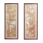 Par de mosaicos em papel com paisagem e aves. China, Séc. XX. 82 x 25 cm.