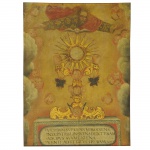 Escola Cusquenha - Pintura representando Pai Eterno, ostensório composto por anjos e inscrições. Óleo sobre tela. Peru, Séc. XVIII. 68 x 50 cm.