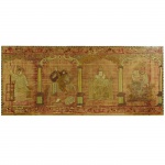 Grande bordado representando quatro imagens sacras. Europa, Séc. XVII/XVIII. 150 x 63 cm. Necessita reparos.