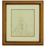 Raro desenho representando figura de gueixa agachada. Japão, Séc. XIX. 25 x 22 cm.