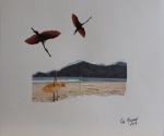 Bia Murad. Os pássaros na praia, colagem analógica medindo 29,5 x 34,5 cm