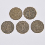 Lote composto por cinco moedas Espanholas de 1 Peseta cunhadas em 1944.