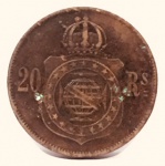 Moeda de 20 Réis Império Brasil, cunhada em 1869.