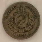 Moeda 100 Reis, Brasil Imperial, cunhada em 1874.