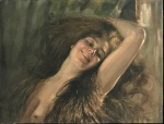 Angelo Cantu. Gracioso quadro representando jovem mulher desnuda. Ost, assinado e datado 1912 no Cid. Aprox. 45 65 cm. Já com moldura de colecionador.