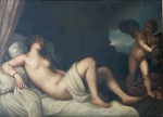Lindo quadro europeu representando figura feminina desnuda e querubim. Europa séc. XIX. Ost aprox. 47 x 63 cm.