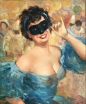 Bassi – gracioso quadro representando jovem em baile de máscaras em alegres cores e ótima qualidade. Moldura de época. Assinado cie. Ost 50 x 60 cm.