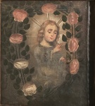 Quadro cusco representando Menino Jesus em posição de benção. América Espanhola séc. XVIII/XIX em sua moldura original. Ost 45 x 40 cm.