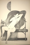 Aldemir Martins  antiga prancha representando gato e donzela em preto e branco. Aprox. 47 x 32 cm.