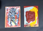 Jean-Michel BASQUIAT (Attrib.) (1960-1988) - técnica mista s/ papel  com collage (cartão postal), pandant, medindo 14 x 21 cm e 46 x 36 cm. (todas as obras estrangeiras são atribuídas automaticamente)