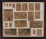 Belíssimo quadro composto de miniaturas de diversos tamanhos de delicadas gravuras???? medindo no total 38 x 33 cm.