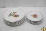 Jogo de 12 pratos em porcelana com pinturas natalinas, sendo 6 pratos de mesa (26cm de diâmetro) e 6 pratos de sobremesa (19,5cm de diâmetro).