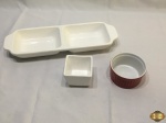 Lote composto de petisqueira, bowl e porta treco em porcelana. Medindo a petisqueira dupla 38cm x 13cm x 5cm de altura.