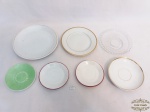 Lote de 7 pratos e pires em porcelana e vidro. Maior 15cm , 13 cm e 11 cm