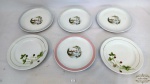6 pratos de sobremesa em porcelana, desenhos variados