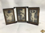 3 fotos de mulheres desnudas em vidro década de 20/30, com moldura em metal dourado Francês. Medindo cada foto 7cm x 5cm.