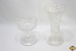 Lote composto de compoteira e vaso floreira demi cristal lapidado. Medindo o vaso 22cm de altura.