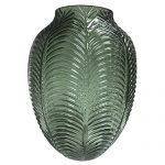 Maravilhoso vaso de vidro prensado de qualidade com efeitos de folhagem. Medida 15 cm de diâmetro e 20 cm de altura.